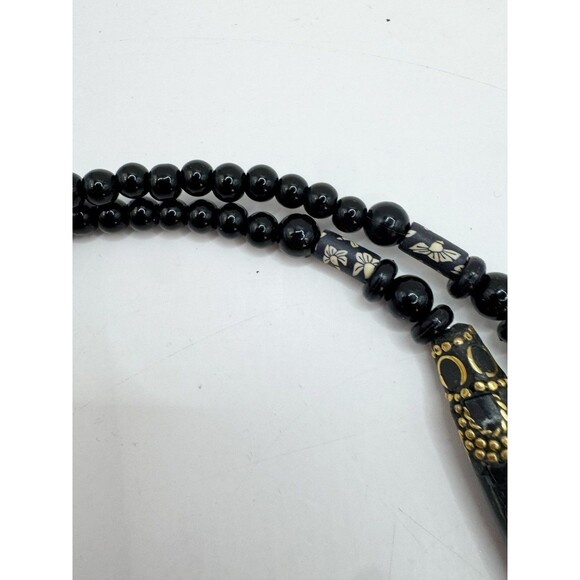 Vintage Brass Inlay Black Chunky Bohemian Necklace Large Pendant Tribal Ethnic - Picture 4 of 13